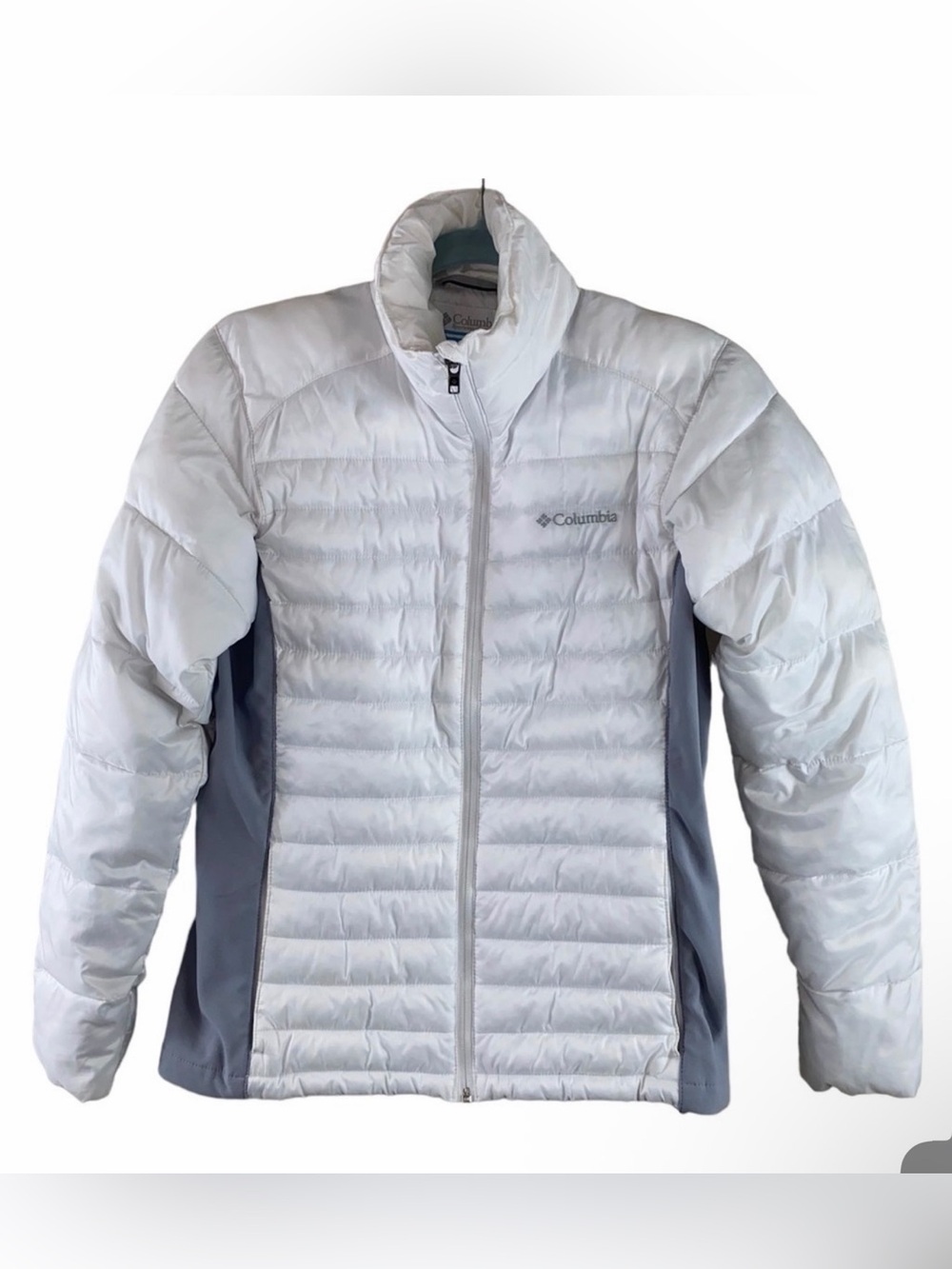 Columbia Jacket Powder Pillow Lightweight White and Gray Insulated Hybrid Coat